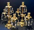 Vintage Solid Brass Candelabras Crystals Three Arm Hollywood Regency Pair 15 