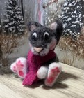 Mini Needle Felted Gray Tabby Cat With Pink Scarf
