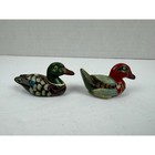 Vintage Hand Painted Miniature Wooden Duck Decoys Figurines Set Of 2 Green Red