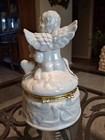 Vintage Porcelain Cupid Cherub Angel Trinket Jewelry Box Gold Trim