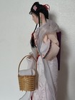 Vintage Chinese Doll On Stand Kimono Floral Dress Collector Basket Holiday Gift