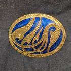 Vintage Belt Buckle Blue Enamel Gold Floral Scrollwork Oval Handcrafted Metal