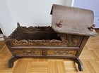 Antique Rustic Ornate Carved Painted Wooden Rocking Doll Cradle
