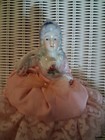 Antique Porcelain Half Doll  Pin Cushion Victorian Pink Lace Dress Cottage Core