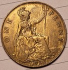 Beautiful 1921 Toned Bronze Woody Error Great Britain One Penny King George