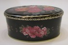 Vintage 1990 s 3x4x6 Small Oval Meister Brand Black Tin Pink Floral Empty Can