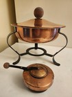 Vintage Copper Chafing Dish With Lid  Burner  Stand    Wooden Handle Top