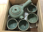 Vtg New Set Of 5 Korean Celadon Green Crackle Glaze Teapot Set In Wooden Box