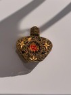 Antique 1930 s Czech Ornate Pierced Metal And Embroidered Jewel Perfume Bottle