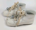 Vintage White Leather Baby Shoes Size 2 Lace Up Silver Bell Booties
