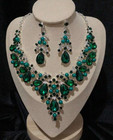 Jewelry Set- 3pcs  Beautiful Dark Green Glass Rhinestone Necklace