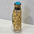 Vintage Czech Ornate Filigree Perfume Bottle Turquoise Glass   Enamel W stopper