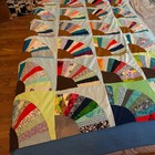 Vintage Beautiful Crazy Handmade Hand Stitched Patchwork Fan Quilt Top 72x48