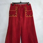 Vtg 1970 s Red Denim White Stitch Bell Bottoms Flared Jeans Embroidered Rare