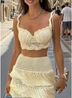Innovare Denim Cream Crochet Cotton Crop Top   Fringe Skirt 2-piece Set S