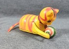 Vtg 1940s Occupied Japan Tin   Celluloid Cat Ball   Roll Over Tail Wind Up Works