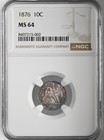 1876-p  10c Seated Liberty Dime Silver Ngc Ms64  8407215-002   neat Toning  