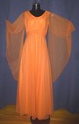 Vtg 70s Sheer Chiffon Cape Slv Boho Full Skirt Evening Wedding Maxi Dress Gown L