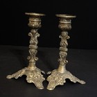 Vtg Ornate Pair Brass Candle Holders Action Made In Italy 3 Footed Baroque 6 