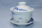 Blue   White Chinese Lidded Porcelain Teacup   Saucer  Mountains Waterfall Epoc