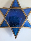 Vtg Blue Stained Glass 6 Point  Star Tea Light Holder Hanging Brass Tone Lantern