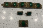 Vintage Chinese Export Filigree Carved Set Bracelet Broach Earrings Cabochons