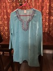 Polyester Chiffon Sequined Blue  Indian Kurta Kurti Top  46    Bust  30    Long  New
