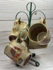 Vintage Otagiri 4 Rooster Hen Mugs   Mug Tree 10 Oz 