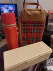 Vintage 1970s Tan red Plaid Thermos Picnic Set  Sandwich Box bottle bag New