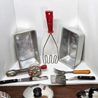Lot Vtg Children s Metal Kitchen Play Set Pieces Pots  Pans Red bakelite Handle