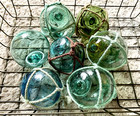 Set Of 7 Rare Mini Japanese Antique Glass Floats     Marked   Mixed Colors