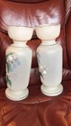 Pair Antique Opaline Glass Mantel Vases Hand Painted Floral Victorian Bristol