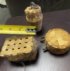 Lot Of 3 Antique Very Vintage Miniature Woven Reed Baskets With Lids