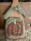 Primitive  handmade wool Rug Hooking fall Pumpkin on Antique Butter Paddle  ooak