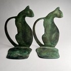 Vintage Brass Cat Bookends Art Deco Style Mid Century Patina Verdigris Pair 6 5   