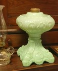 1890s Uranium Glass Jadeite mint Green Princess Feather Antique Sewing Oil Lamp
