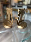 Vintage Harp Lyre Brass Book Ends Musical Symbol Pair Staff Stand Bookends