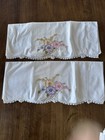 Vintage Mcm Floral Embroidered Pillowcases Set Of 2 White Cotton Crocheted Hems