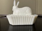 White Milk Glass Rabbit Covered Dish W lid 2-piece Set Glossy 6  Tall