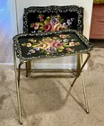 Vintage Mcm Toleware Floral Metal Tv Trays Set Of 2 Folding Brass Stand Guc