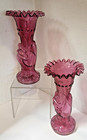 Antique Victorian Hand Vase Cranberry Glass Ruffled Top Set Of 2
