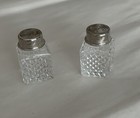 Mini Clear Pressed Glass Salt And Pepper Set  Silver Colored Tops  Cube Shaped 