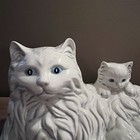 Vintage  70s  Large White Persian Ceramic Cat Figurine Blue Eyes 2 Kittens 17   