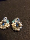 Signed Robert Vintage Clip Earrings Ab Faux Pearls Saph Blue Rhinestone  Pretty