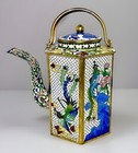 Antique Cloisonn   Teapot Chinese Lidded Peacock Birds Hexagon Unique