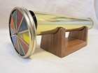 Vintage 1980 s Solid Brass Kaleidoscope 2 Stain Glass Wheels Wood Base 13  Long
