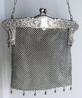 Antique German Silver Mesh Purse Bag   Elaborate Ornate With Dangle Balls 1920 s