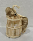 Two Mice Climbing On Bird Cage Carved Resin Okimono 1 5 h X 1 25  Wide - Damaged