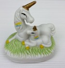 Vintage 3    Porcelain Unicorn Mother   Baby Figurine Gold Horns Rainbows 1980   s