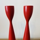 Pair  Vintage Mcm Danish Modern Wood Tulip Candle Stick Holders 11 5 Denmark Red